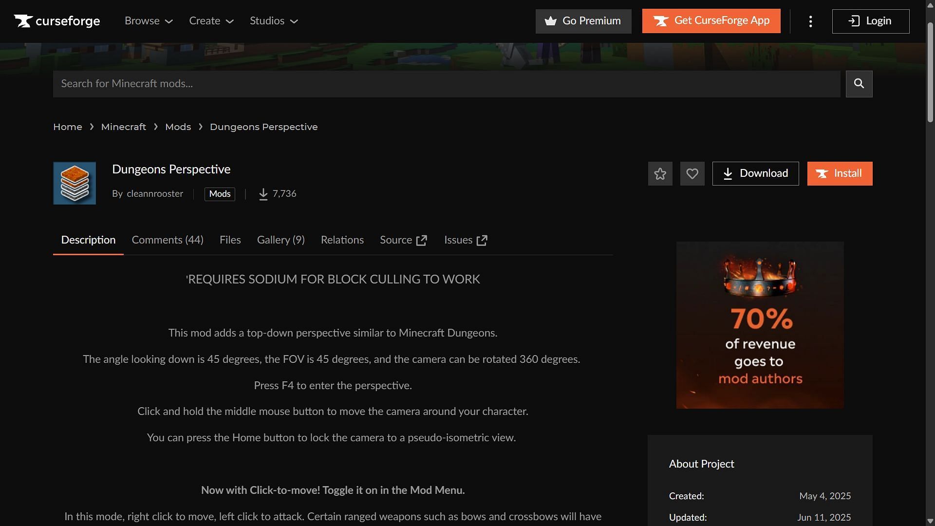 Dungeons Perspective mod can be downloaded from the CurseForge website (Image via CurseForge)